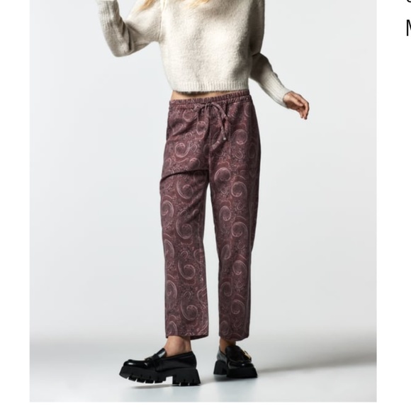 Zara burgundy and brown paisley high rise pajama style pants NWT - Picture 2 of 10